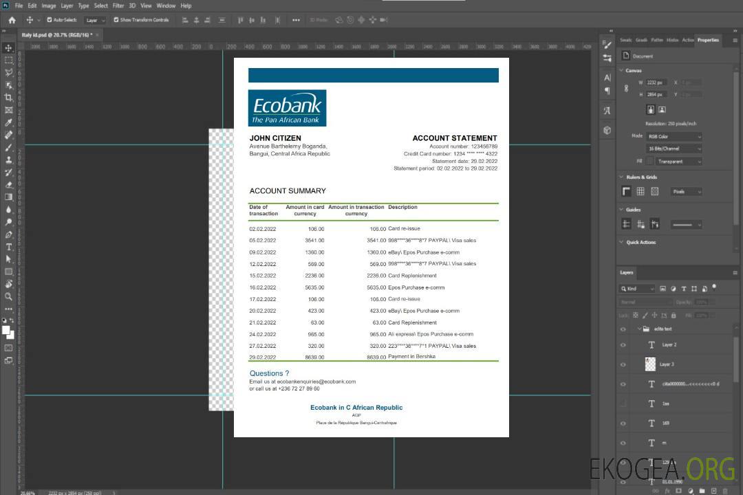 Relevé bancaire Ecobank de la République Centrafricaine template